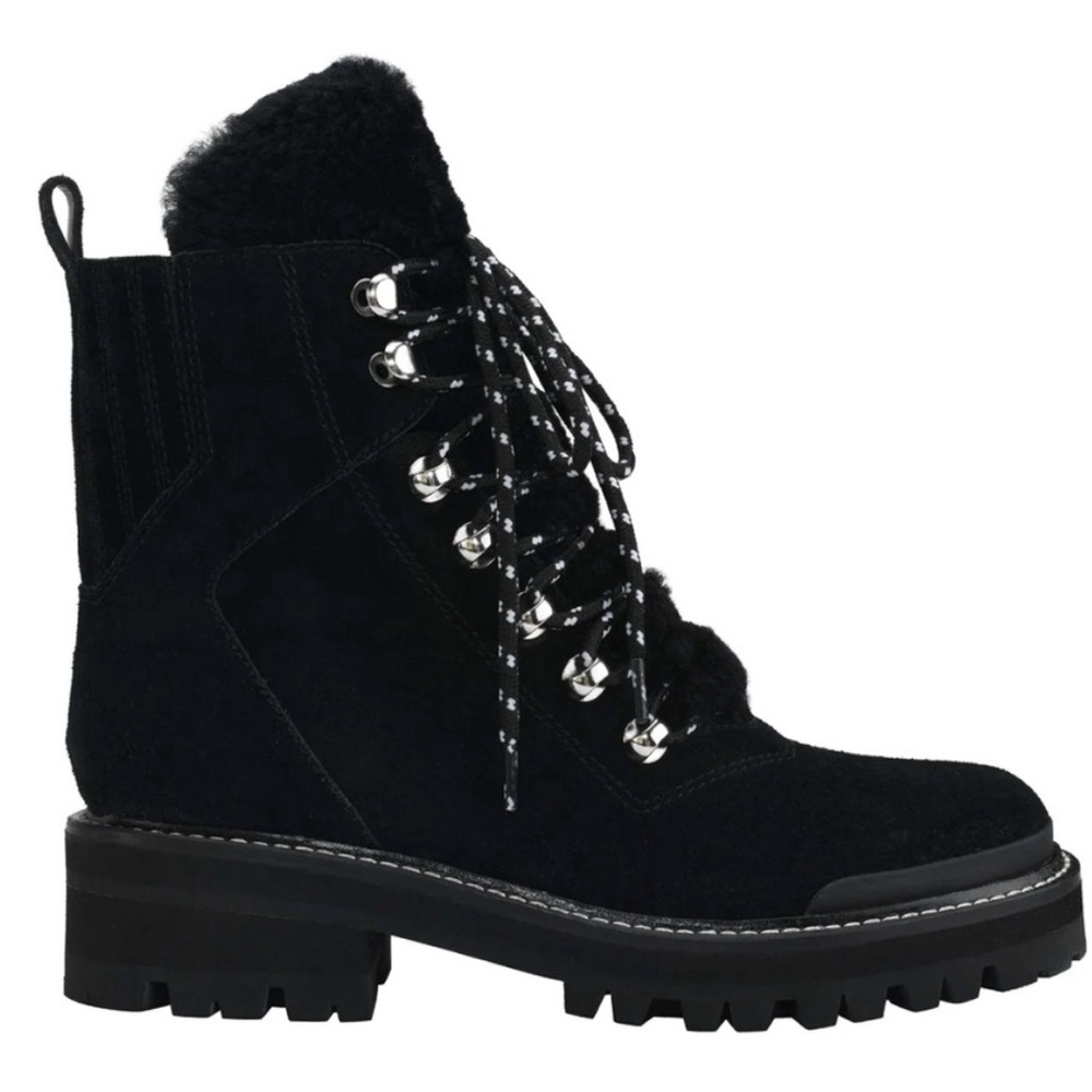 Marc Fisher LTD Izzie Genuine Shearling Lace-Up Boot in Black Suede size 7